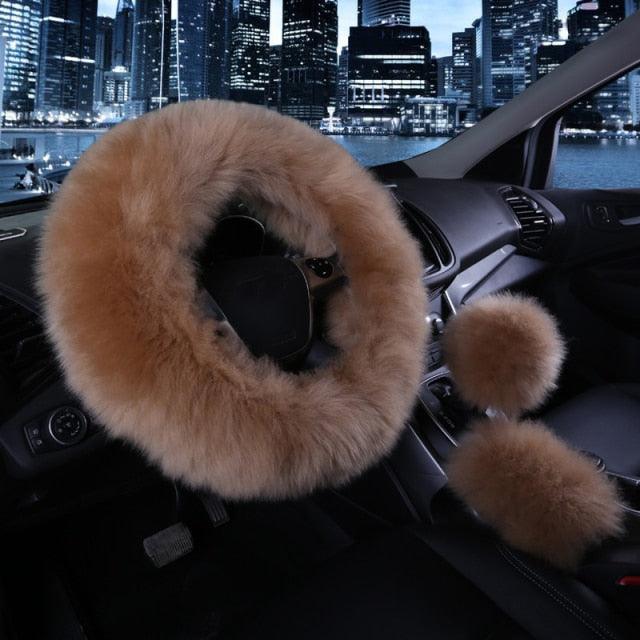 3PCS Fur Steering Wheel Cover Set Real Sheepskin Auto Plush Warm Fluffy Fuzzy Women Winter Fashion Wool Fur Soft Furry Steering Wheel Covers Blue Fluffy Handbrake Cover Gear Shift Cover Fuzz Warm Non-slip Car Decoration Car Accessories for Women Girl