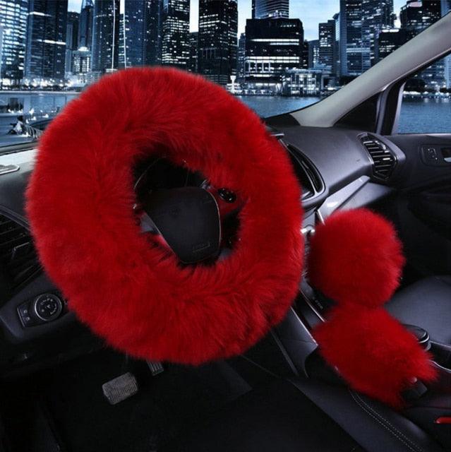 3PCS Fur Steering Wheel Cover Set Real Sheepskin Auto Plush Warm Fluffy Fuzzy Women Winter Fashion Wool Fur Soft Furry Steering Wheel Covers Blue Fluffy Handbrake Cover Gear Shift Cover Fuzz Warm Non-slip Car Decoration Car Accessories for Women Girl