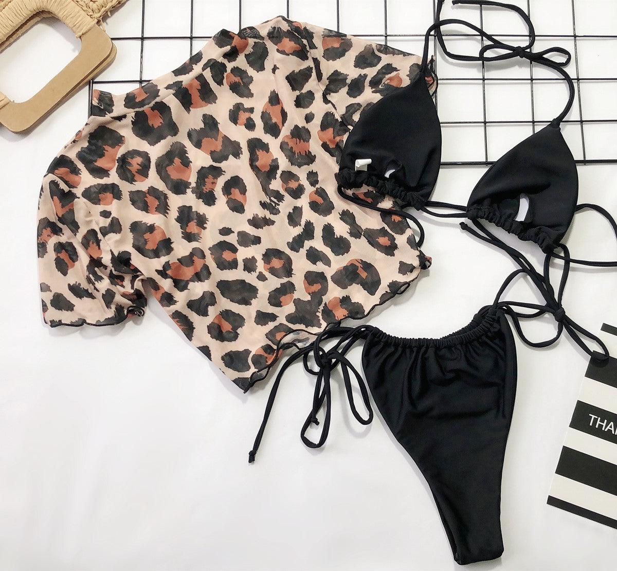 3PCS Women's Leopard Bikini Swimwear Swimsuit Bathing Beach Holiday Short Sleeve Leopard Print 3 Piece Short Sleeve Bikini Set Swimsuit Micro Triangle Bathing suit