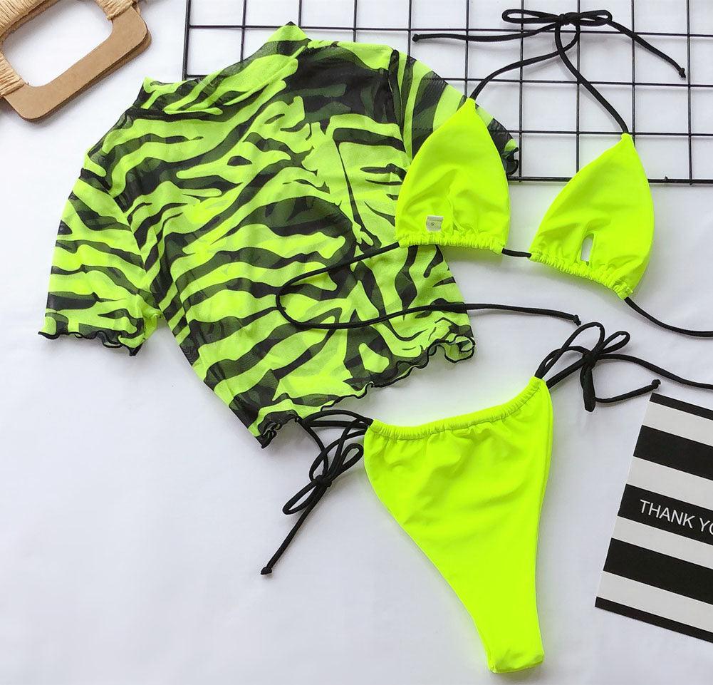 3PCS Women's Leopard Bikini Swimwear Swimsuit Bathing Beach Holiday Short Sleeve Leopard Print 3 Piece Short Sleeve Bikini Set Swimsuit Micro Triangle Bathing suit