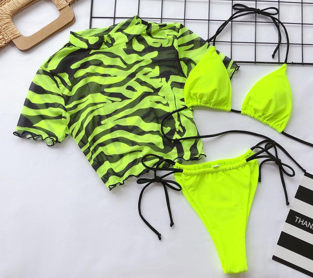 3PCS Women's Leopard Bikini Swimwear Swimsuit Bathing Beach Holiday Short Sleeve Leopard Print 3 Piece Short Sleeve Bikini Set Swimsuit Micro Triangle Bathing suit