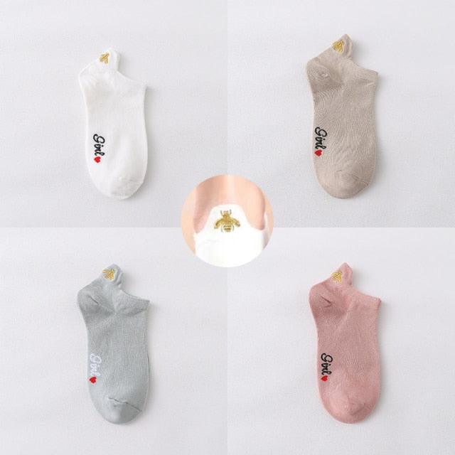 4 Pair/Lot Low Tube Boat Socks Gold Silk Embroidery Mouse Ankle Women Socks Cotton Low Cut Thin No Show Boat Socks For Men And Women