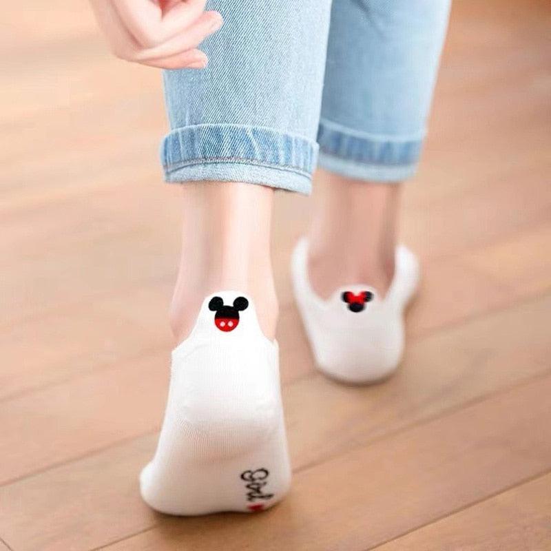 4 Pair/Lot Low Tube Boat Socks Gold Silk Embroidery Mouse Ankle Women Socks Cotton Low Cut Thin No Show Boat Socks For Men And Women