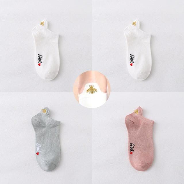 4 Pair/Lot Low Tube Boat Socks Gold Silk Embroidery Mouse Ankle Women Socks Cotton Low Cut Thin No Show Boat Socks For Men And Women