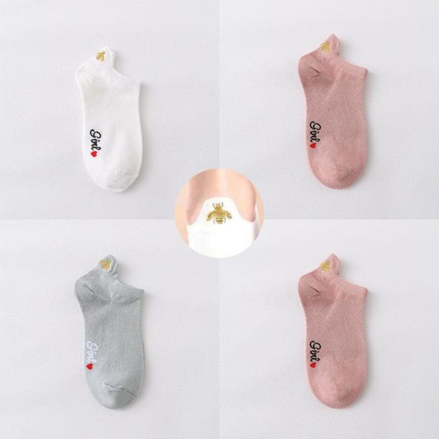 4 Pair/Lot Low Tube Boat Socks Gold Silk Embroidery Mouse Ankle Women Socks Cotton Low Cut Thin No Show Boat Socks For Men And Women