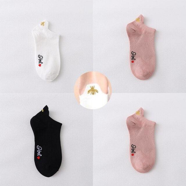 4 Pair/Lot Low Tube Boat Socks Gold Silk Embroidery Mouse Ankle Women Socks Cotton Low Cut Thin No Show Boat Socks For Men And Women