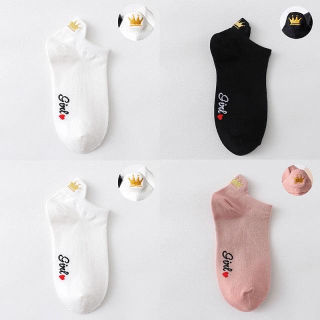 4 Pair/Lot Low Tube Boat Socks Gold Silk Embroidery Mouse Ankle Women Socks Cotton Low Cut Thin No Show Boat Socks For Men And Women