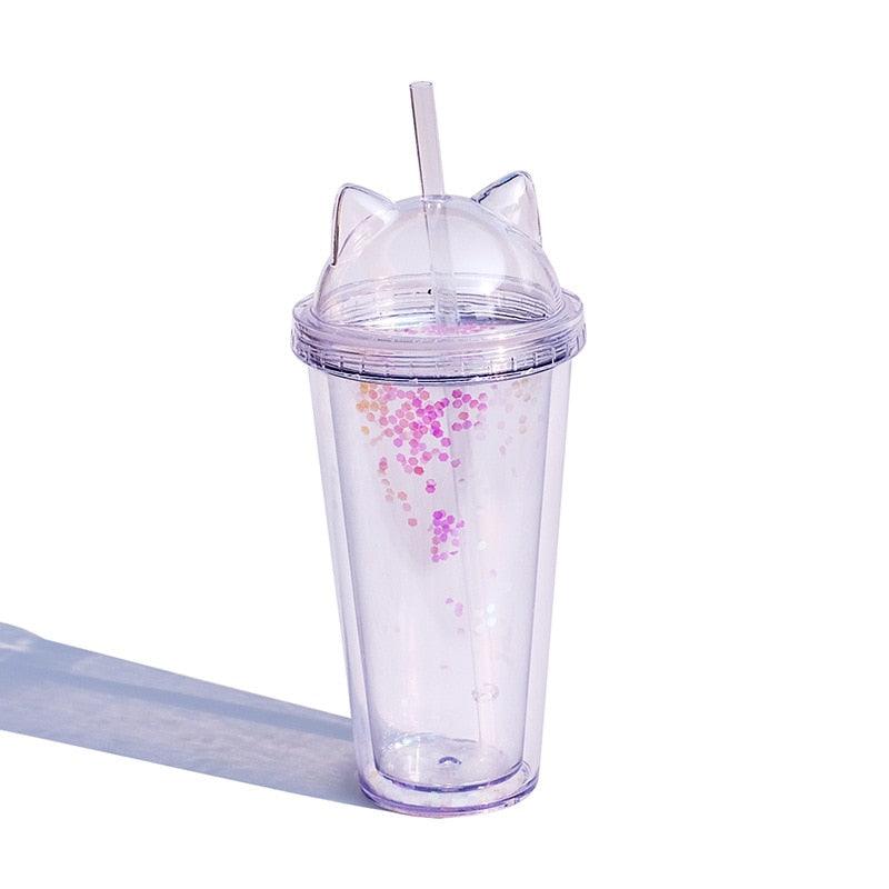 420ml Cat Ear Water Bottle For Girls With Double Wall With Straw Reusable Smoothie Cup Drinkware Cat Ear Shape Straw Cup Cute Summer Water Cup Creative Double Layer Water Bottle - My Store - - Stevvex.com