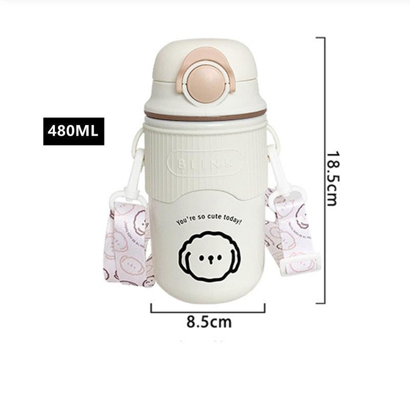 480ml Cartoon Thermos Mug With Strap Stainless Steel 304 Vacuum Flask With Straw Cute Child Thermal Water Bottle Cute Thermos Bottle Insulated Straw Water Bottle Leak Proof Flip-Top Lid Cute Stainless Steel Bottle