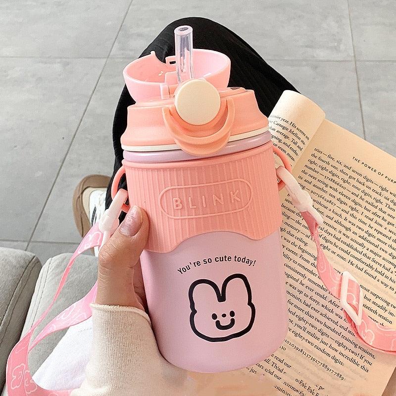 480ml Cartoon Thermos Mug With Strap Stainless Steel 304 Vacuum Flask With Straw Cute Child Thermal Water Bottle Cute Thermos Bottle Insulated Straw Water Bottle Leak Proof Flip-Top Lid Cute Stainless Steel Bottle