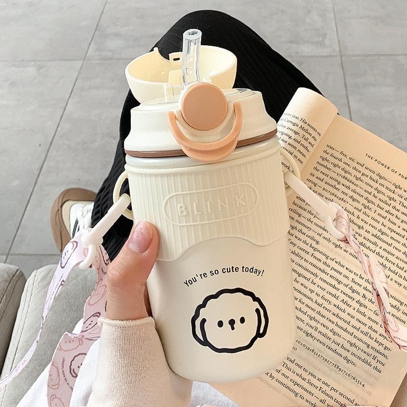 480ml Cartoon Thermos Mug With Strap Stainless Steel 304 Vacuum Flask With Straw Cute Child Thermal Water Bottle Cute Thermos Bottle Insulated Straw Water Bottle Leak Proof Flip-Top Lid Cute Stainless Steel Bottle