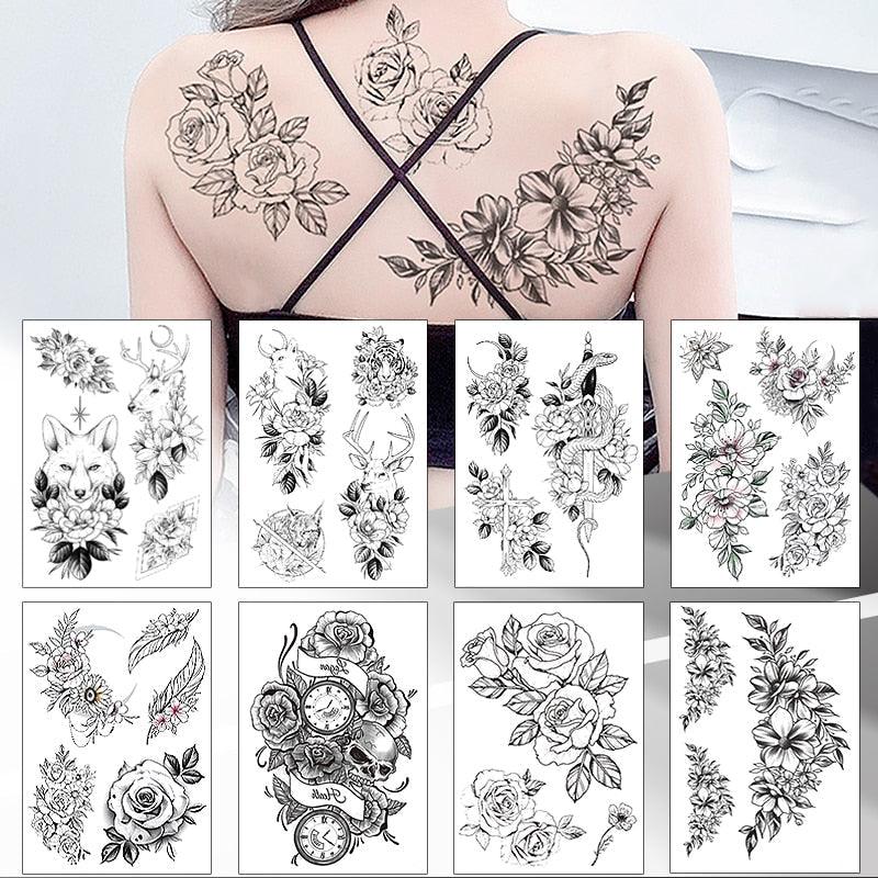 49 Sheets Waterproof Temporary Black Sketches Flowers Tattoo Stickers Flower Rose Tattoos For Women Adults - STEVVEX Beauty - 103, Arm Tattoo, Back Tattoo, Beauty, Big Flowers Tattoo, Big Tattoo, Black Tattoos, Body Tattoo, Fashion Tattoo, Flower Tattoo, Large Tattoo, Leg Tattoo, Lotus Tattoo, Luxury Tattoo, Men Tattoo, Modern Tattoo, Sketch Tattoo, Stylish Tattoo, Tattoo - Stevvex.com