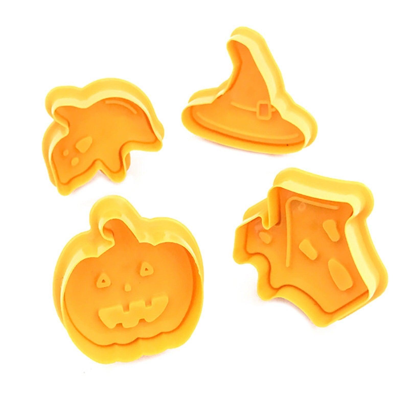 4pcs Halloween Cookie Plunger Cutter 3D Baking Mold Cookie Stamp Biscuit Mold Fondant Cake Decorating Tools Halloween Cookie Cutters Set Fondant Stamper Pastry Cutter Haunted House Hat Ghost Pumpkin Kitchen Molds