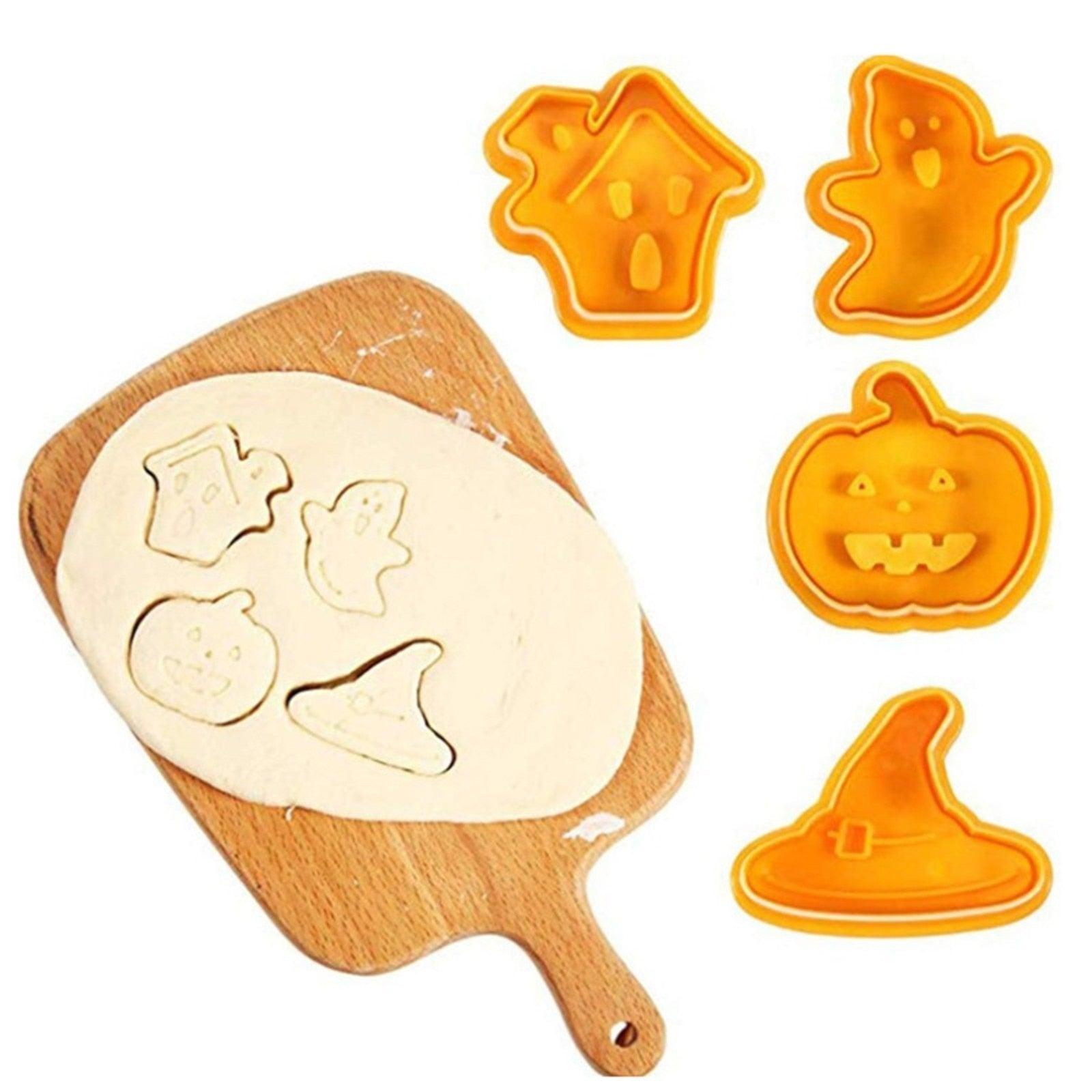 4pcs Halloween Cookie Plunger Cutter 3D Baking Mold Cookie Stamp Biscuit Mold Fondant Cake Decorating Tools Halloween Cookie Cutters Set Fondant Stamper Pastry Cutter Haunted House Hat Ghost Pumpkin Kitchen Molds