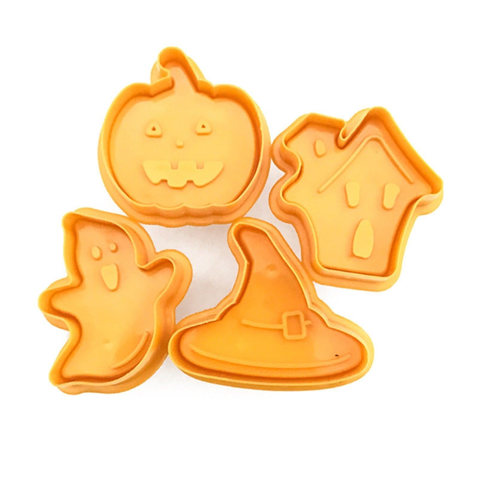 4pcs Halloween Cookie Plunger Cutter 3D Baking Mold Cookie Stamp Biscuit Mold Fondant Cake Decorating Tools Halloween Cookie Cutters Set Fondant Stamper Pastry Cutter Haunted House Hat Ghost Pumpkin Kitchen Molds