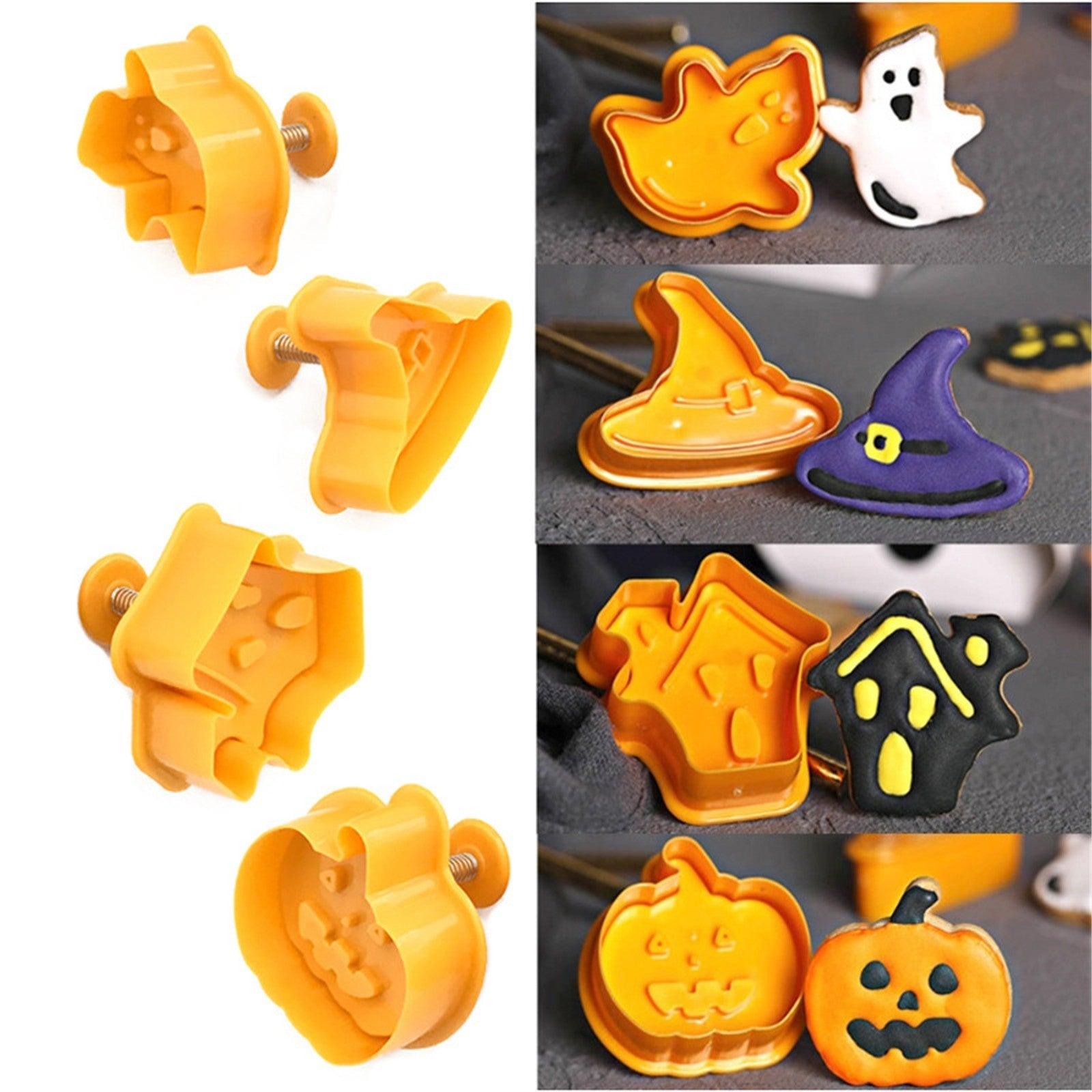 4pcs Halloween Cookie Plunger Cutter 3D Baking Mold Cookie Stamp Biscuit Mold Fondant Cake Decorating Tools Halloween Cookie Cutters Set Fondant Stamper Pastry Cutter Haunted House Hat Ghost Pumpkin Kitchen Molds