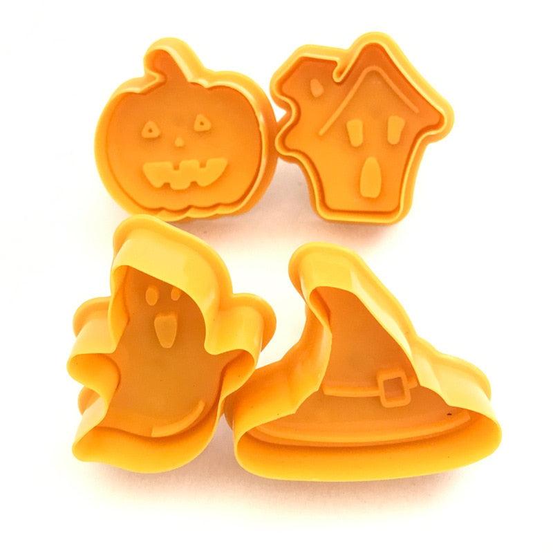 4Pcs/set Plastic Christmas Christmas Tree Halloween Pumpkin Ghost Theme Cookie Cutter Plunger Fondant Chocolate Mold Halloween Cookie Cutters Thanksgiving Fall Christmas Cookie Cutters Biscuit Mold 3D Mini Fondant Cookie Tools