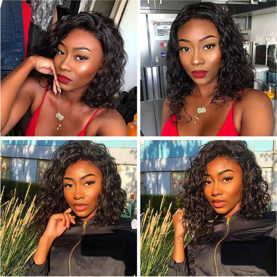 4X4 Water Wave Short Bob Wig 8-12Inches Best Human Hair Wigs For Black Woman Brazilian Pre Plucked Baby Hairs Jerry Curl Wigs Wigs For Black Women Gifts for Girlfriends