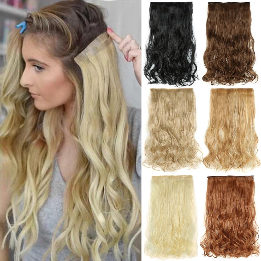 5 Clip In Hair Extension Heat Resistant Fake Hairpieces Long Wavy Hairstyles Synthetic Clip Golden On Hair Extensions Straight Hair Extensions with Invisible Fish Line Layered Hairpiece