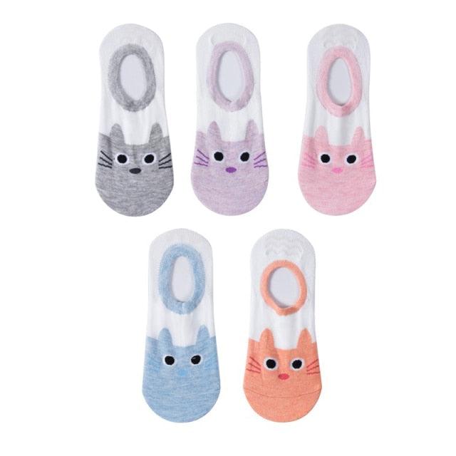 5 Pairs 3D Cartoon Harajuku Cat Cute Heart Invisible Cotton Socks Casual Boat Socks Funny Girl Ankle Sock Set for Women