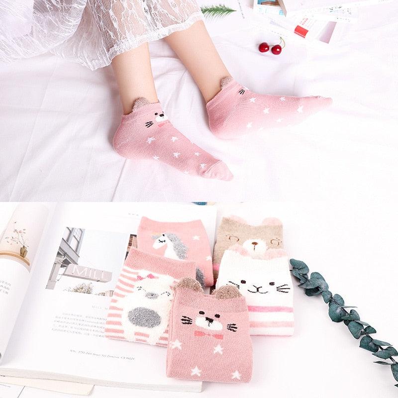 5 Pairs 3D Cartoon Harajuku Cat Cute Heart Invisible Cotton Socks Casual Boat Socks Funny Girl Ankle Sock Set for Women