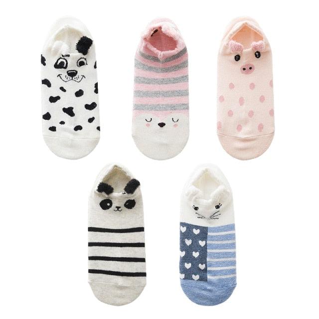 5 Pairs 3D Cartoon Harajuku Cat Cute Heart Invisible Cotton Socks Casual Boat Socks Funny Girl Ankle Sock Set for Women