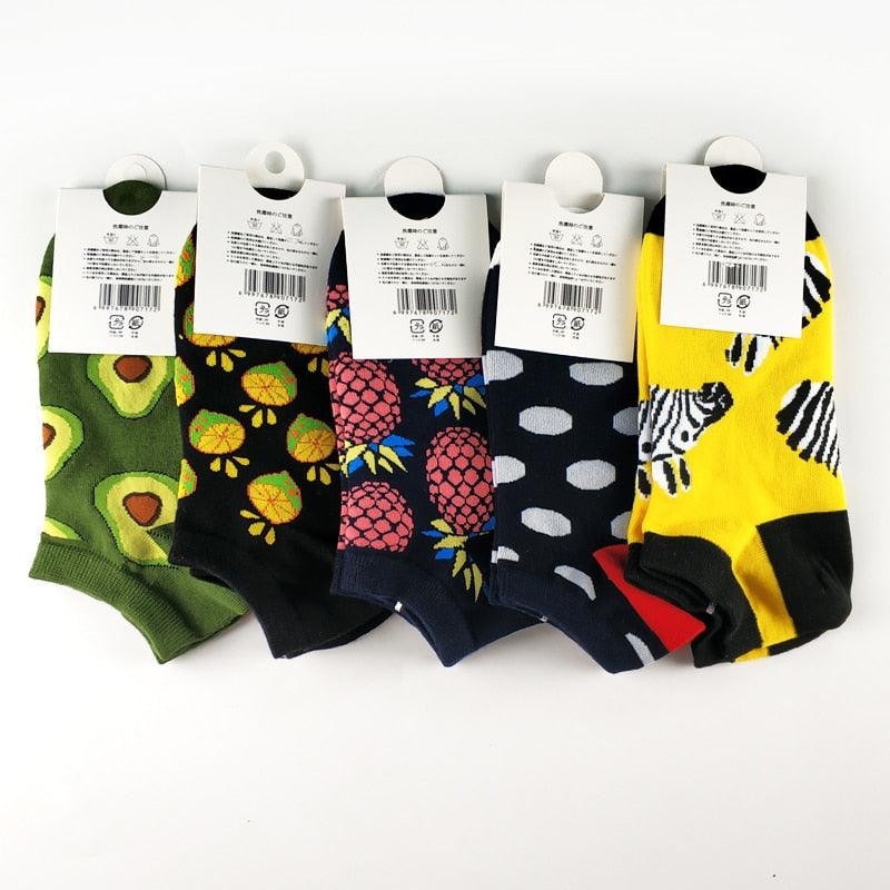 5 Pairs Animal Food Fruit Avocado Zebra Burger Omelets Flamingo Socks Happy Cotton Ankle Funny Combed Out Of Pure Cotton Summer Casual Sock For Men And Women