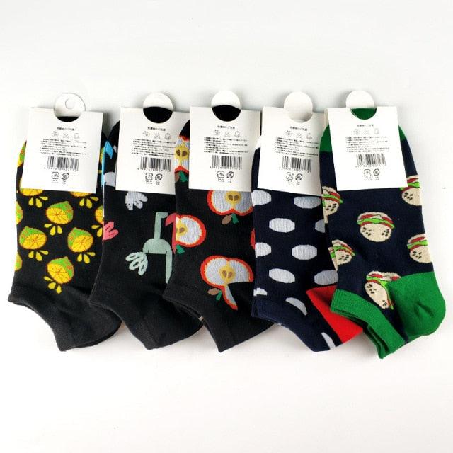 5 Pairs Animal Food Fruit Avocado Zebra Burger Omelets Flamingo Socks Happy Cotton Ankle Funny Combed Out Of Pure Cotton Summer Casual Sock For Men And Women