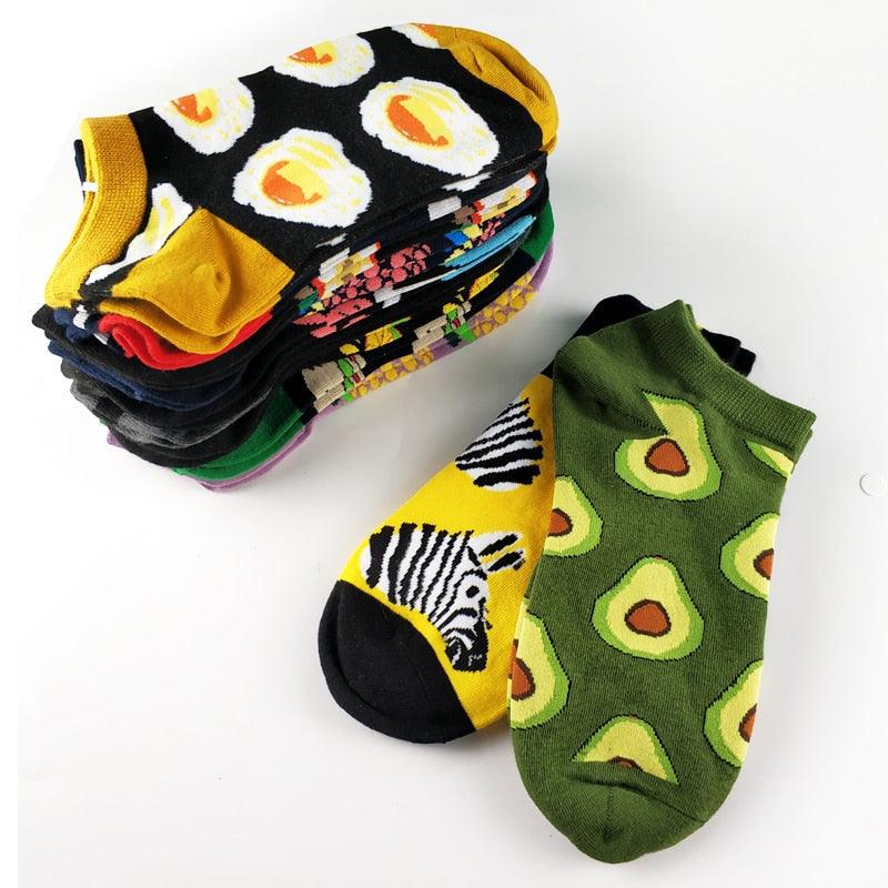 5 Pairs Animal Food Fruit Avocado Zebra Burger Omelets Flamingo Socks Happy Cotton Ankle Funny Combed Out Of Pure Cotton Summer Casual Sock For Men And Women