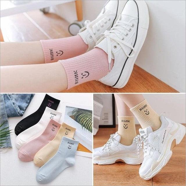 5 Pairs Fashion Unisex Cute Cartoon face Patterned Long Socks Soft Breathable Cotton Material Sport Summer Warm Winter Funny Harajuku Socks For Men And Women