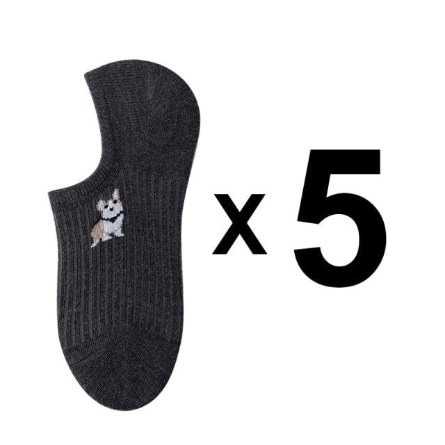 5 Pairs Kawaii Cute Animal Print Socks Set Invisible Happy Fashion Ankle Funny Socks Set Girl Cotton Summer Silicone Non-slip Boat Socks Ankle Socks For Men And Women