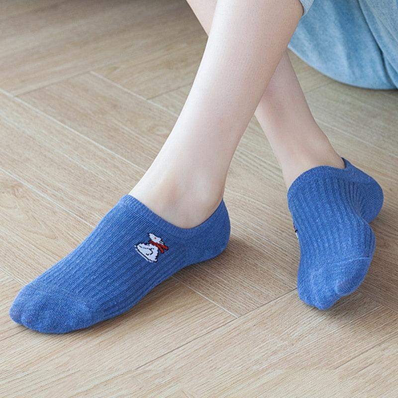 5 Pairs Kawaii Cute Animal Print Socks Set Invisible Happy Fashion Ankle Funny Socks Set Girl Cotton Summer Silicone Non-slip Boat Socks Ankle Socks For Men And Women