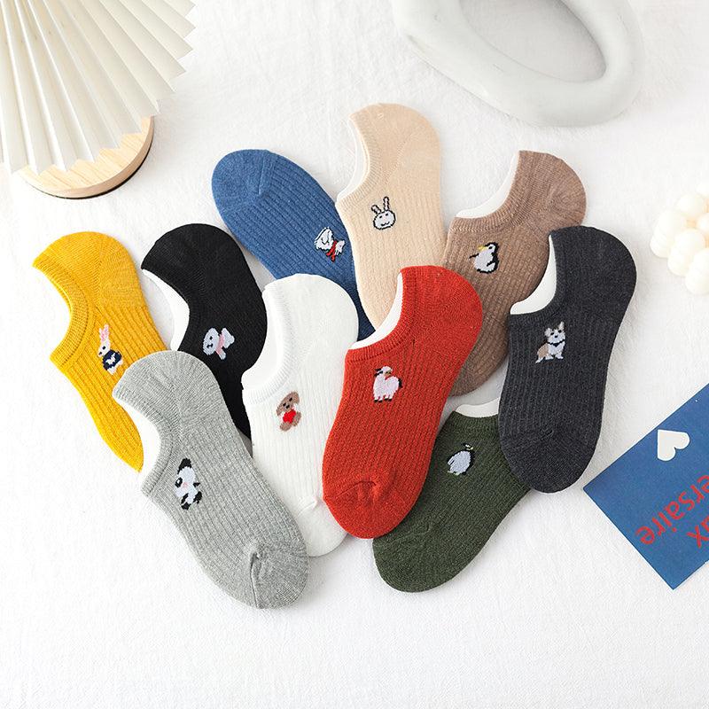 5 Pairs Kawaii Cute Animal Print Socks Set Invisible Happy Fashion Ankle Funny Socks Set Girl Cotton Summer Silicone Non-slip Boat Socks Ankle Socks For Men And Women