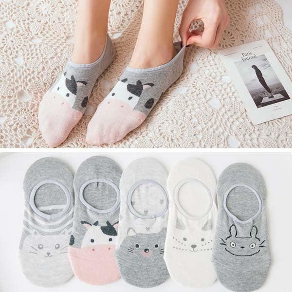 5 pairs Summer Socks Female Cartoon Animal Bear Mouse Socks Cute Funny Invisible Cotton Ankle Socks For Women