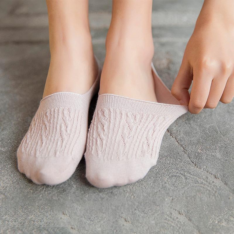 5 Pairs Women Cotton Low Cut Socks Solid Snowflake Soft Summer Silicone Non-slip Deep Mouth Prevent Heel Loss Slipper Socks For Women