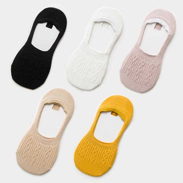 5 Pairs Women Cotton Low Cut Socks Solid Snowflake Soft Summer Silicone Non-slip Deep Mouth Prevent Heel Loss Slipper Socks For Women