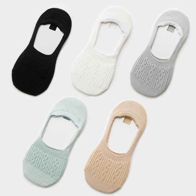 5 Pairs Women Cotton Low Cut Socks Solid Snowflake Soft Summer Silicone Non-slip Deep Mouth Prevent Heel Loss Slipper Socks For Women