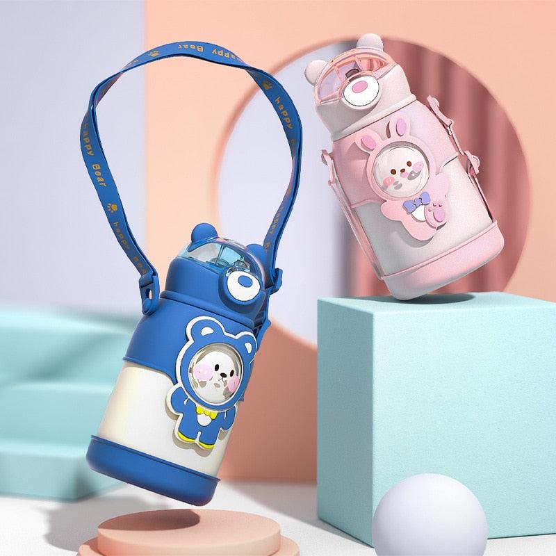 500ml Stainless Steel Thermal Water Bottle for Children Cute Cartoon Thermos Mug with Straw Leak-Proof Insulated Cup Drinkware Water Bottle for Girls Cute Water Bottles with Straw Portable Leakproof Bear Water Bottle with Adjustable Strap