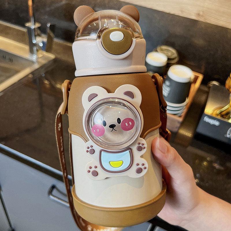 500ml Stainless Steel Thermal Water Bottle for Children Cute Cartoon Thermos Mug with Straw Leak-Proof Insulated Cup Drinkware Water Bottle for Girls Cute Water Bottles with Straw Portable Leakproof Bear Water Bottle with Adjustable Strap