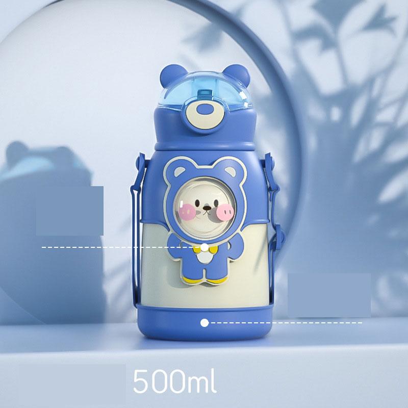 500ml Stainless Steel Thermal Water Bottle for Children Cute Cartoon Thermos Mug with Straw Leak-Proof Insulated Cup Drinkware Water Bottle for Girls Cute Water Bottles with Straw Portable Leakproof Bear Water Bottle with Adjustable Strap