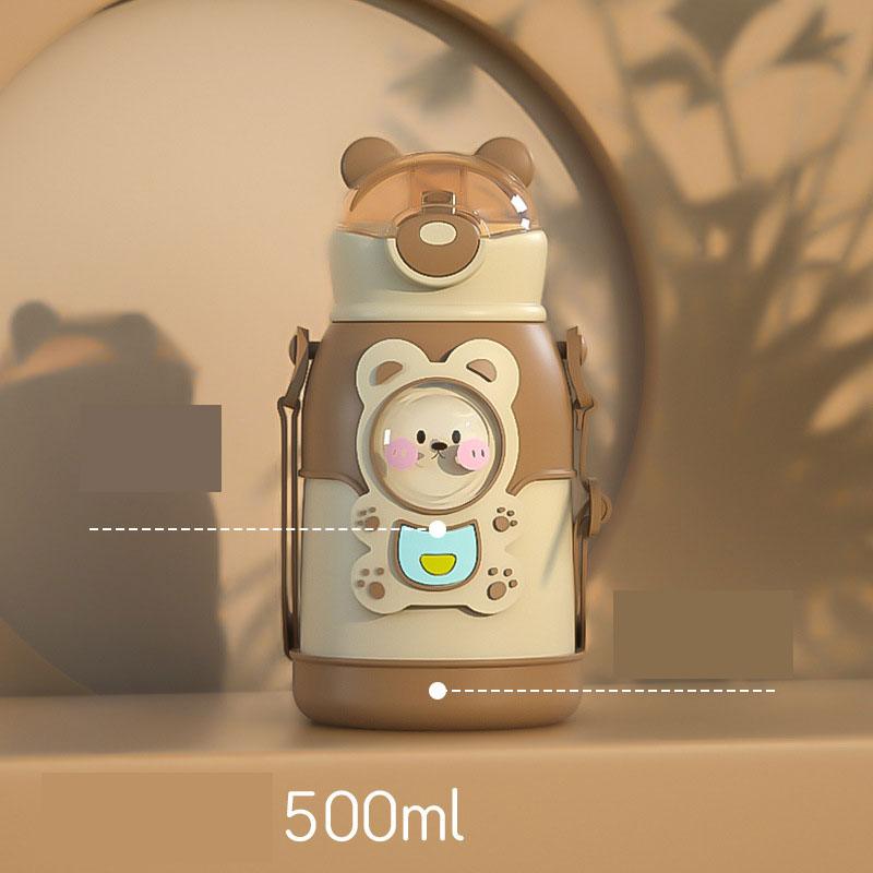 500ml Stainless Steel Thermal Water Bottle for Children Cute Cartoon Thermos Mug with Straw Leak-Proof Insulated Cup Drinkware Water Bottle for Girls Cute Water Bottles with Straw Portable Leakproof Bear Water Bottle with Adjustable Strap