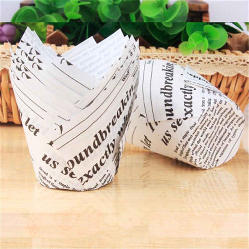 50pcs Newspaper Style Cupcake Liner Baking Cup For Wedding Party Muffin Cupcake Paper Cup Oilproof Cake Wrapper Cupcake Baking Cups Muffin Baking Liners Holders Cupcake Wrapper Brown White Bright Nature Color