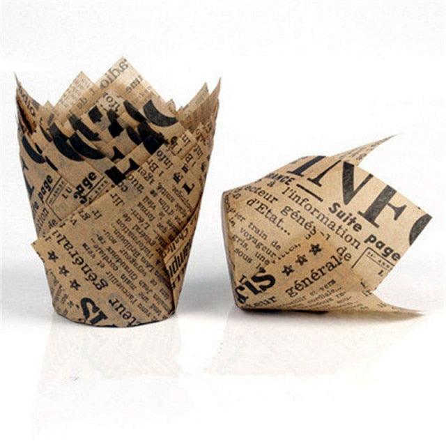 50pcs Newspaper Style Cupcake Liner Baking Cup For Wedding Party Muffin Cupcake Paper Cup Oilproof Cake Wrapper Cupcake Baking Cups Muffin Baking Liners Holders Cupcake Wrapper Brown White Bright Nature Color