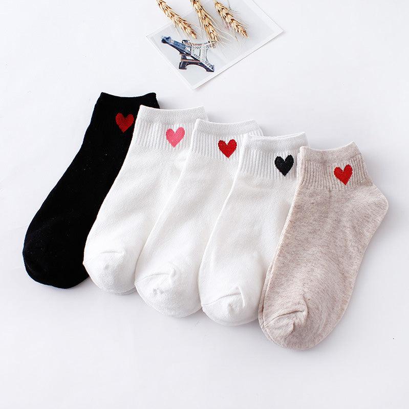 5pairs Women Short Socks Red Heart Cute College Fresh Female Socks Soft Cotton Summer Autumn Sock for Girls