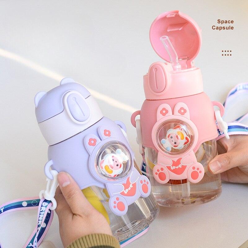 600ml Kids Water Bottles Summer Cute High Beauty Straw Cup for Girls School Baby Leak proof Cartoon Children Water Bottle Water Bottle Cute Water Bottles for Girls Water Bottle with Straw and Adjustable Strap Portable Leakproof Bottles