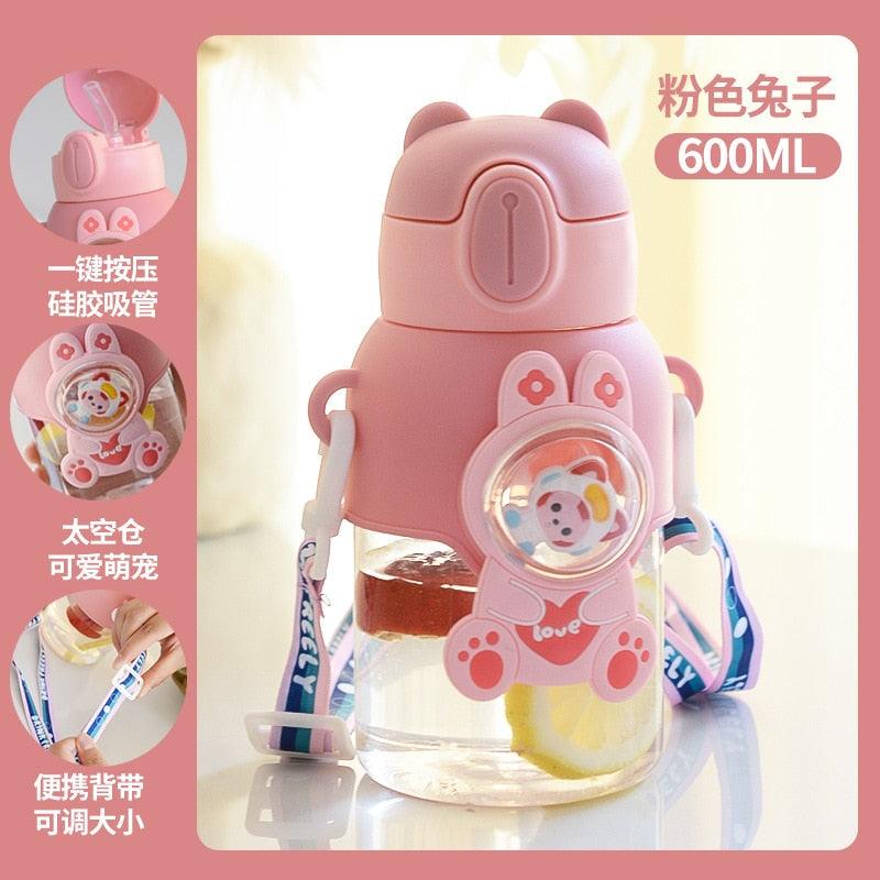 600ml Kids Water Bottles Summer Cute High Beauty Straw Cup for Girls School Baby Leak proof Cartoon Children Water Bottle Water Bottle Cute Water Bottles for Girls Water Bottle with Straw and Adjustable Strap Portable Leakproof Bottles