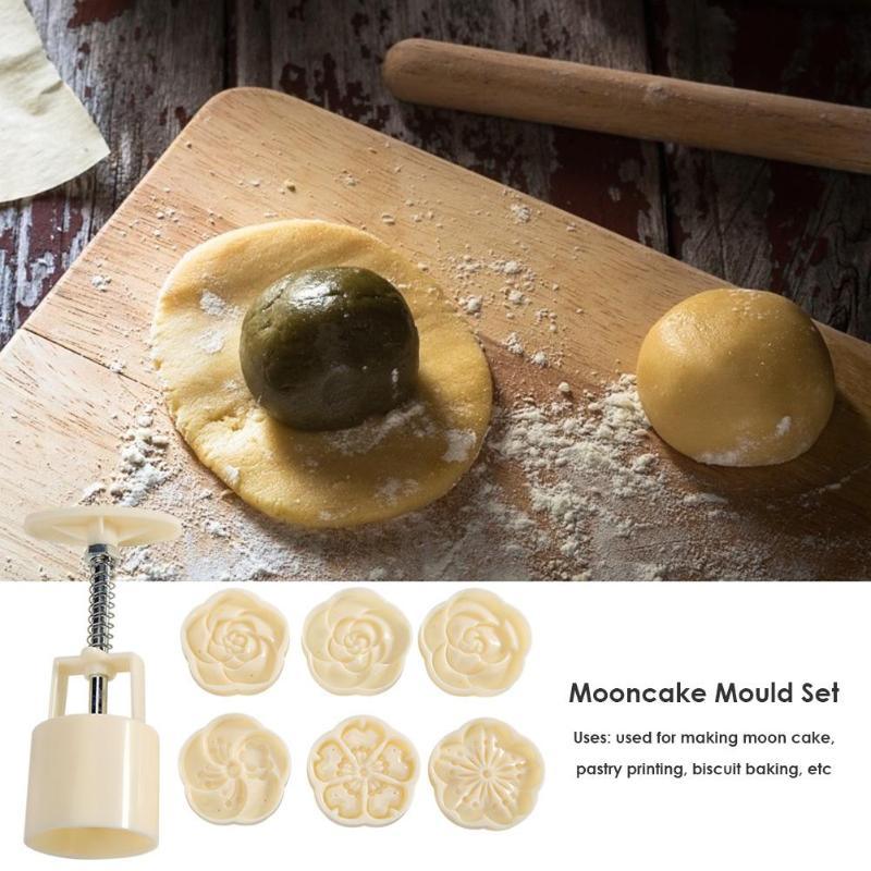 6pcs/set Flower Shaped Mooncake Mold Cake Mold Hand Pressure Fondant Moon Cake Decorating Tools Cookie Cutter Baking Tool Moon Cake Mold With 6 Stamps Flowers Design Hand Pressure Fondant Decoration Cookie Cutter