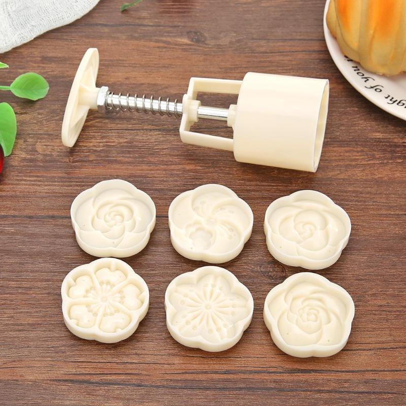 6pcs/set Flower Shaped Mooncake Mold Cake Mold Hand Pressure Fondant Moon Cake Decorating Tools Cookie Cutter Baking Tool Moon Cake Mold With 6 Stamps Flowers Design Hand Pressure Fondant Decoration Cookie Cutter