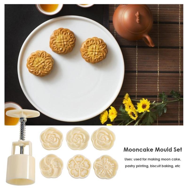 6pcs/set Flower Shaped Mooncake Mold Cake Mold Hand Pressure Fondant Moon Cake Decorating Tools Cookie Cutter Baking Tool Moon Cake Mold With 6 Stamps Flowers Design Hand Pressure Fondant Decoration Cookie Cutter