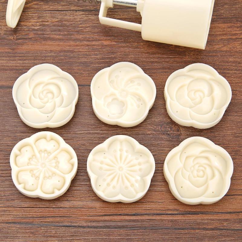 6pcs/set Flower Shaped Mooncake Mold Cake Mold Hand Pressure Fondant Moon Cake Decorating Tools Cookie Cutter Baking Tool Moon Cake Mold With 6 Stamps Flowers Design Hand Pressure Fondant Decoration Cookie Cutter